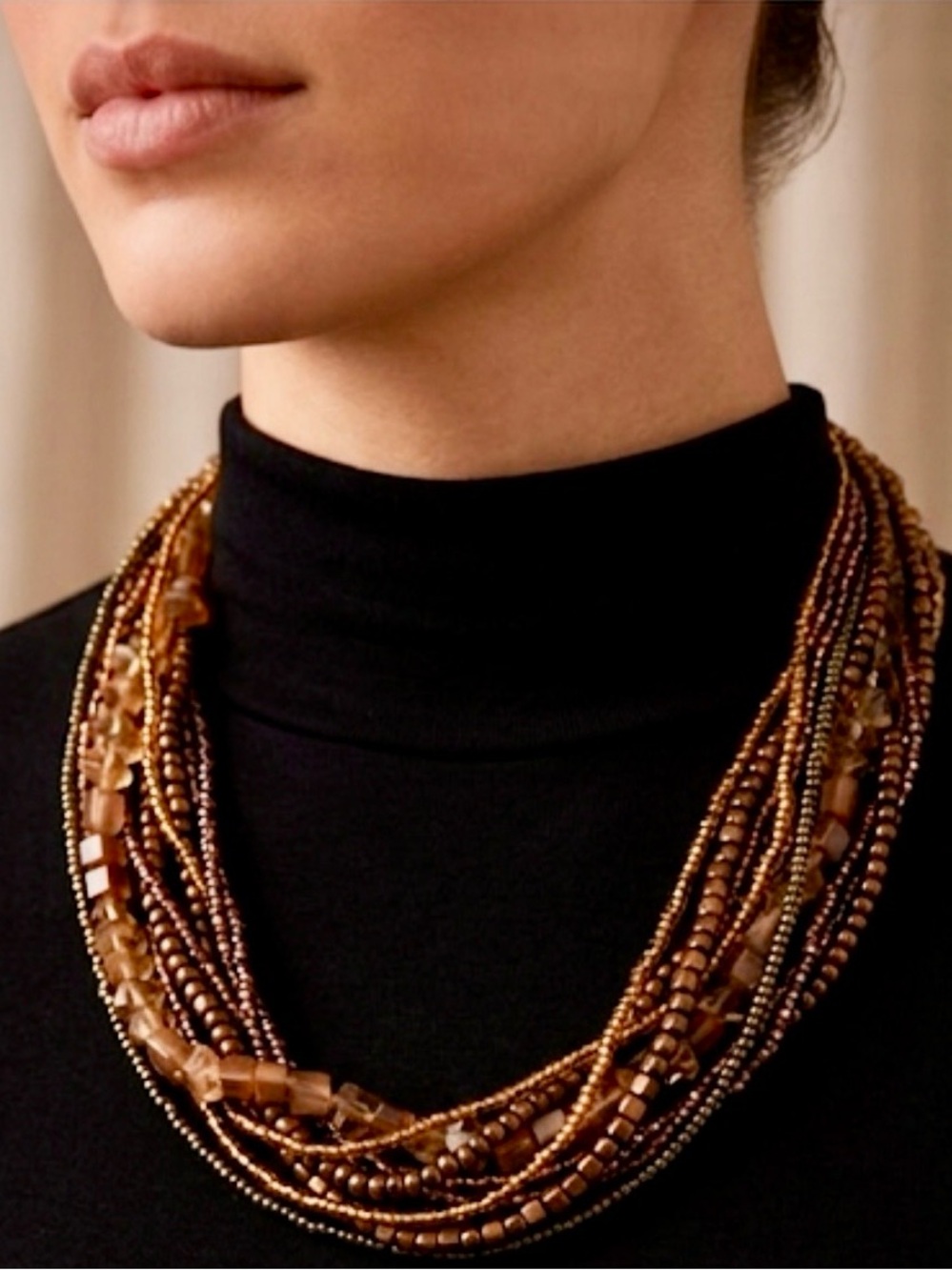 Multi-Strand Beaded Necklace in Gold and Brown